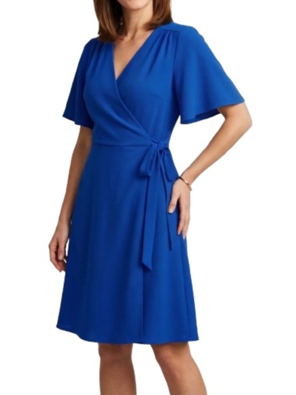 Time & Tru Blue Faux Wrap Dress Flutter Sleeves V-Neck Solid Lightweight